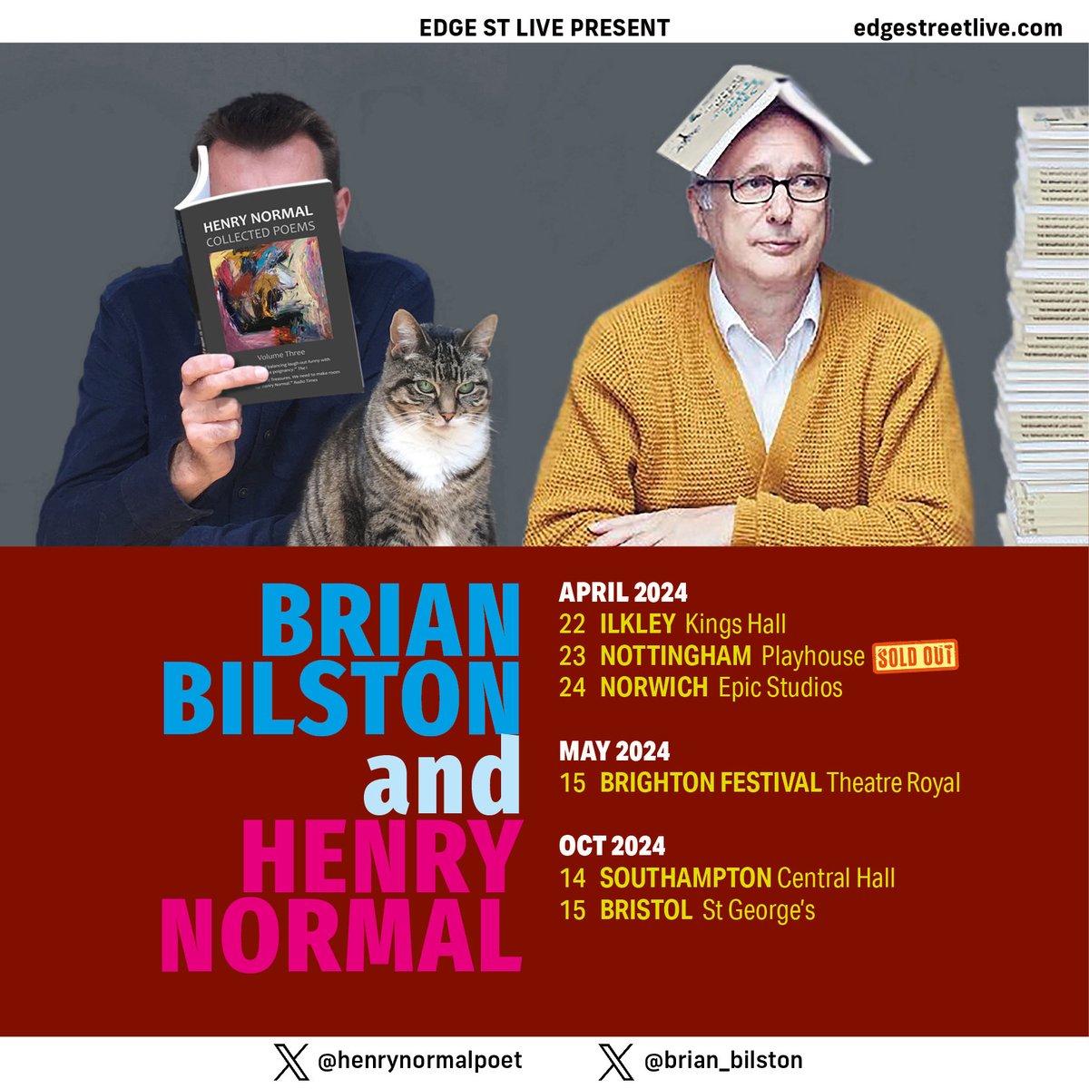 Only 5 chances left to see Brian Bilston and myself together. A few tickets left for Norwich. Brighton sold out in the Corn Exchange so we’ve moved the show to Theatre Royal to give more people a chance to come along.