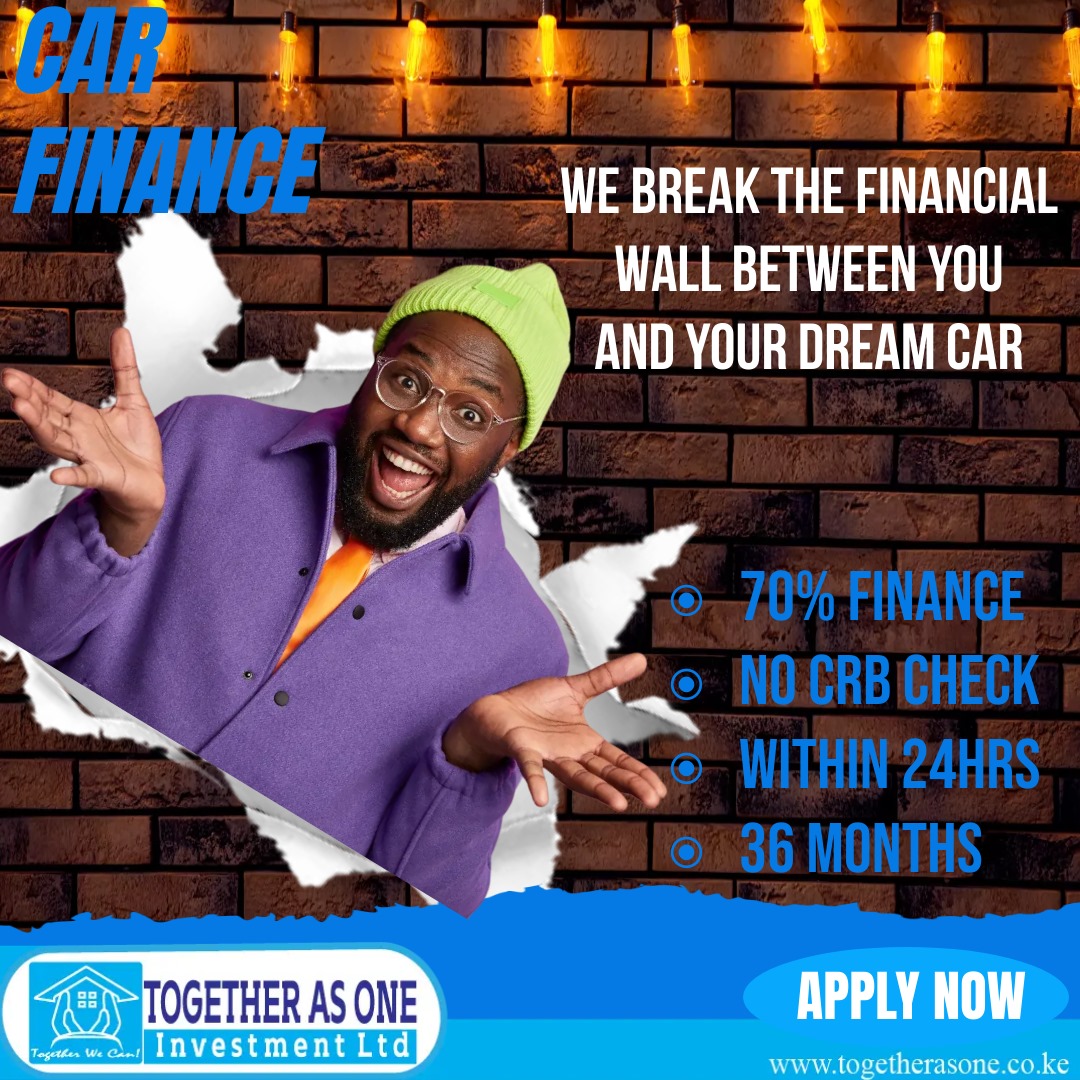 Dream car on hold? Together As One's financing can get you behind the wheel faster. Just come with your 30% deposit and we will have you sorted.

For more information visit
togetherasone.co.ke

#togetherasoneplc
#CarFinancing
#newride