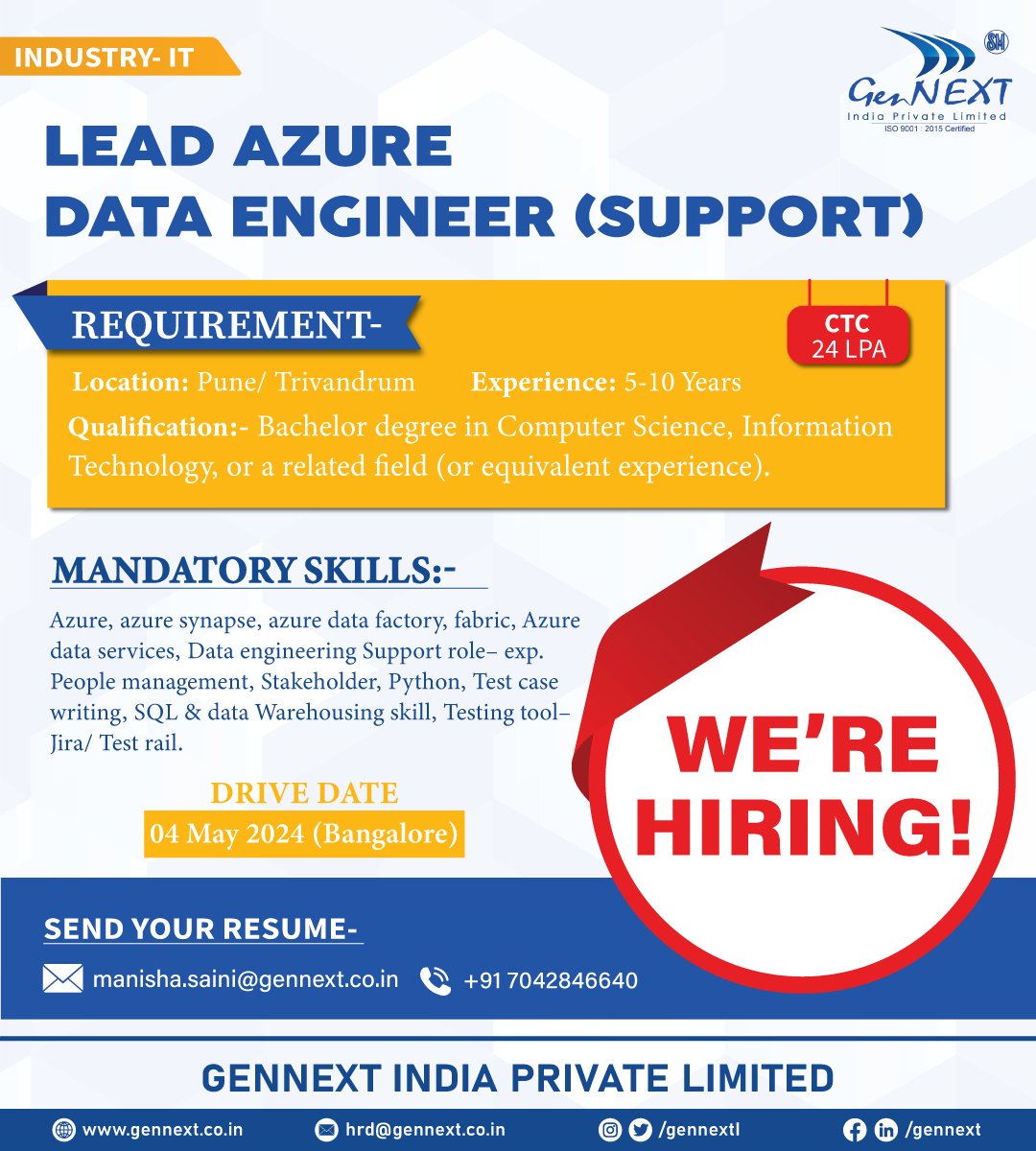 #UrgentHiring 💼📢🎯

Drive Date:- 4th May (Bangalore)

Position: Lead Azure Data Engineer (Support)
Location: Pune/ Trivandrum
CTC: 24 LPA

#Lead #Azure #DataEngineer #Pune #Trivandrum #hiringnow #jobseekers #hr #jobopenings2024 #gennextjob #gennexthiring #GenNext #hiring2024