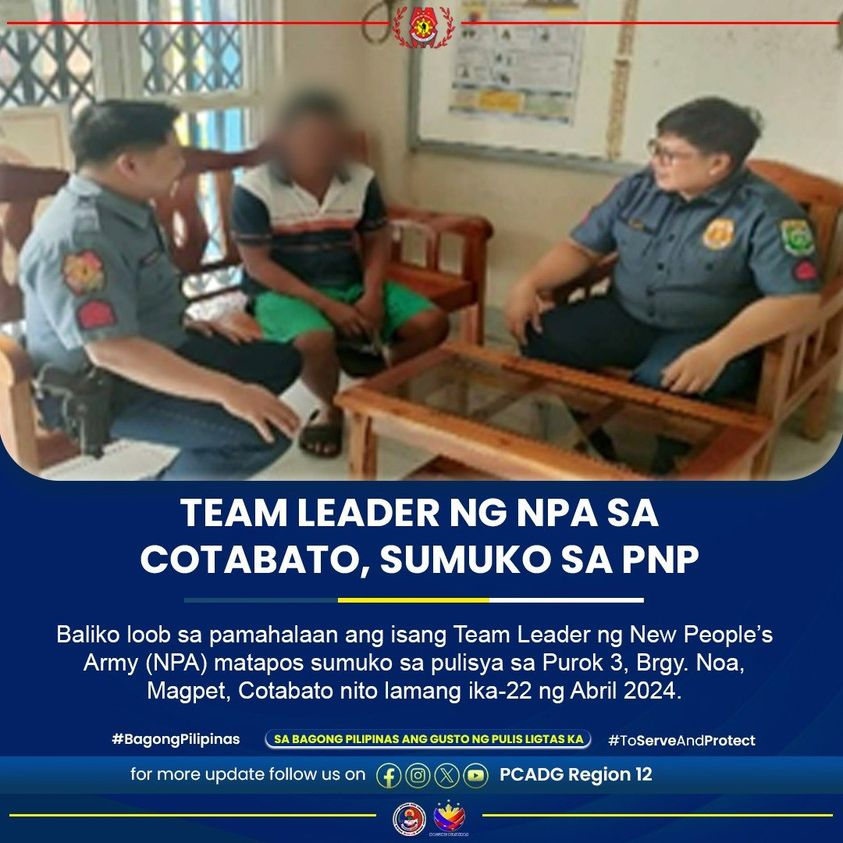 Team Leader ng NPA, sumuko sa Cotabato PNP

#sabagongpilipinasgustongpulisligtaska
#PCADGRegion12
#SerbisyongNagkakaisa
#BagongPilipinas
#ToServeandProtect