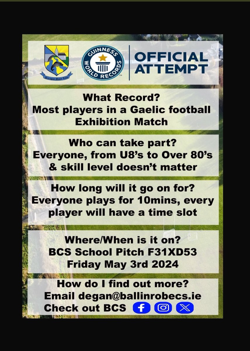 The first of many events to highlight our BCS fitness hub project is taking place Friday week (May 3rd) An Official 🌍World Record Attempt 🟦⬜️Want to get involved?? Check out below, 🟦⬜️Can’t make it but want to help the project, Click here 👉🏼 idonate.ie/fundraiser/BCS…