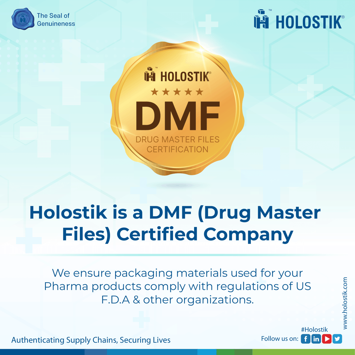 Are you a Pharma manufacturer looking for DMF certified packaging partner?

Look no further, #Holostik is a DMF certified company that offers a variety of anti-duplication, packaging and digital solutions for Pharma.

 #DMF #Pharma #USFDA #Pharmacompanies #Medicines