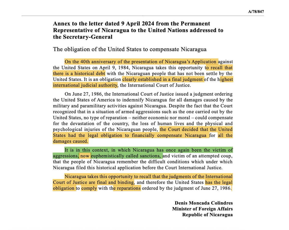 Prompted by the 40th anniversary of the Application to the ICJ in the Paramilitary Activities case, Nicaragua reminds the US of its reparations:‘the Court decided that the United States had the legal obligation to financially compensate Nicaragua for all the damages caused”