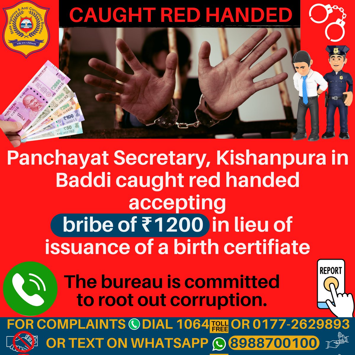 On 22.04.2024, Panchayat Secretary, Kishanpura, Baddi caught red handed  by the HP State Vigilance & Anti Corruption Bureau accepting a bribe of Rs.1200.
 #himachalpradeshpolice #hpsdrf #TTRHimachal #CMOHimachal #rajbhawanhp #ElectionCommissionOfIndia #ceohimachal #livetimestv