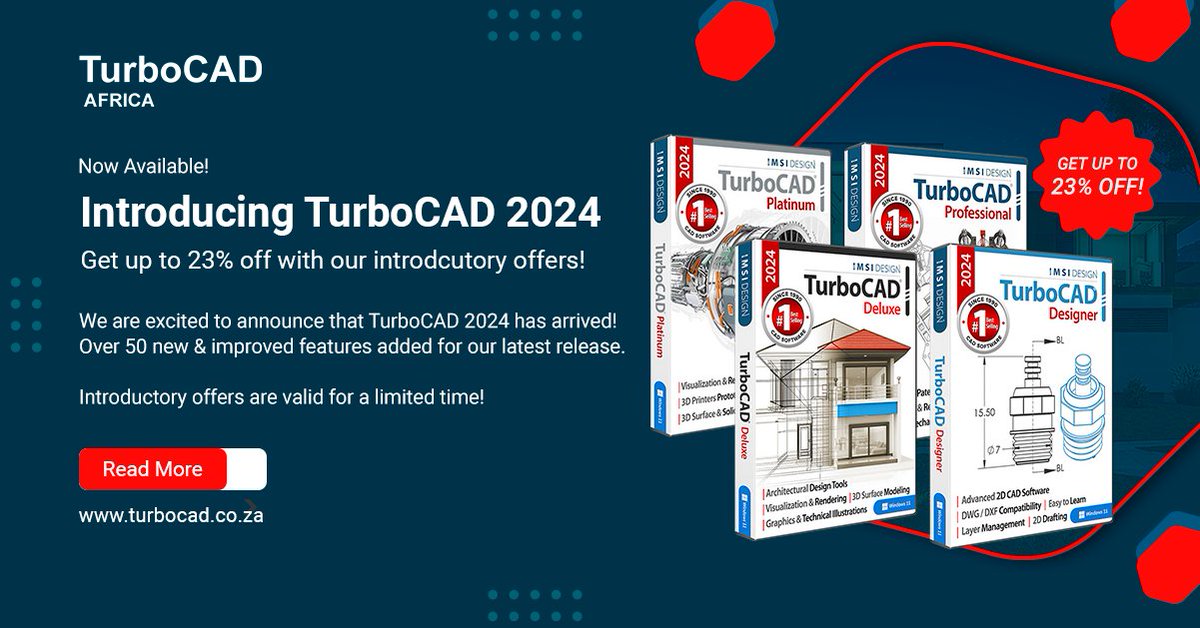 TurboCAD 2024 is now available! Get up to 23% off!

The TurboCAD 2024 release is highlighted by the inclusion of a new Physical-Based Rendering (PBR) engine, TurboLux, included in all of the 2D/3D versions of the product line.

ℹ️ Buy Now: turbocad.co.za/turbocad-2024-…

#TurboCAD2024