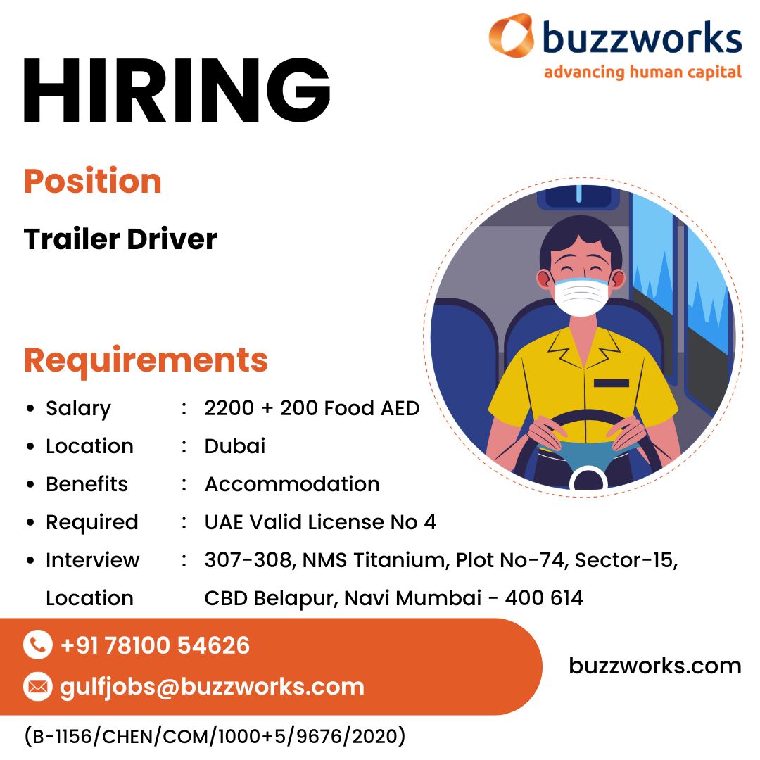 Drive your career forward in Dubai! We're hiring Trailer Drivers for an exciting opportunity in the UAE. Earn 2200 AED plus 200 AED for food, along with accommodation. Valid UAE License No 4 required.

#TrailerDriver #DubaiJobs #CareerOpportunity