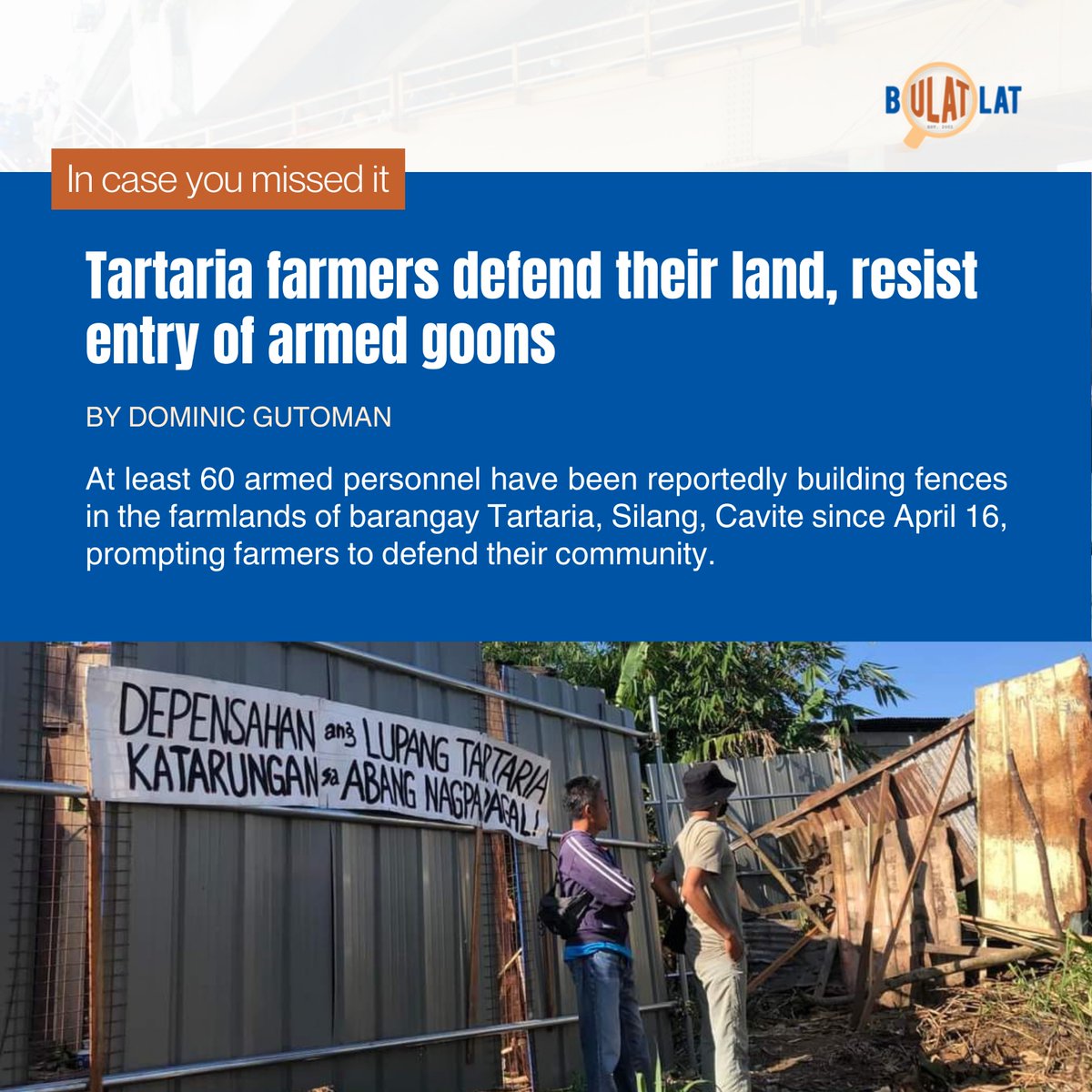 Human rights group Karapatan Laguna said that the ongoing harassment and planned change in land use are blatant violations of the human rights of Tartaria farmers and residents. Read: bulatlat.com/2024/04/19/tar…