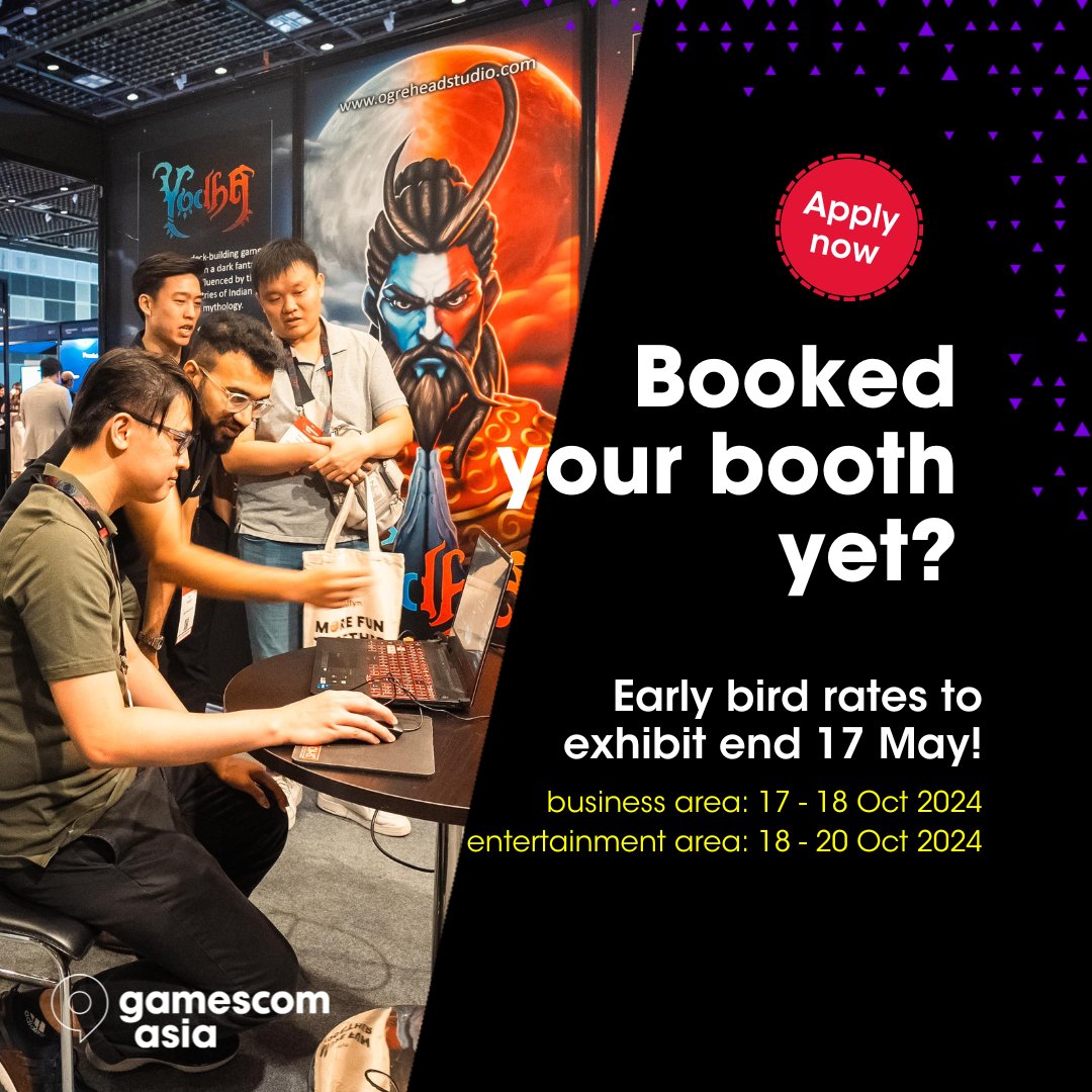 Don't miss out on the best price to show off your games to an expected crowd of 40,000 industry pros, gamers and fans! Early bird exhibiting rates end on 17 May. Secure your space now: gamescom.asia/for-exhibitors… #gamescomasia #gamescomsasia2024 #gamingevent