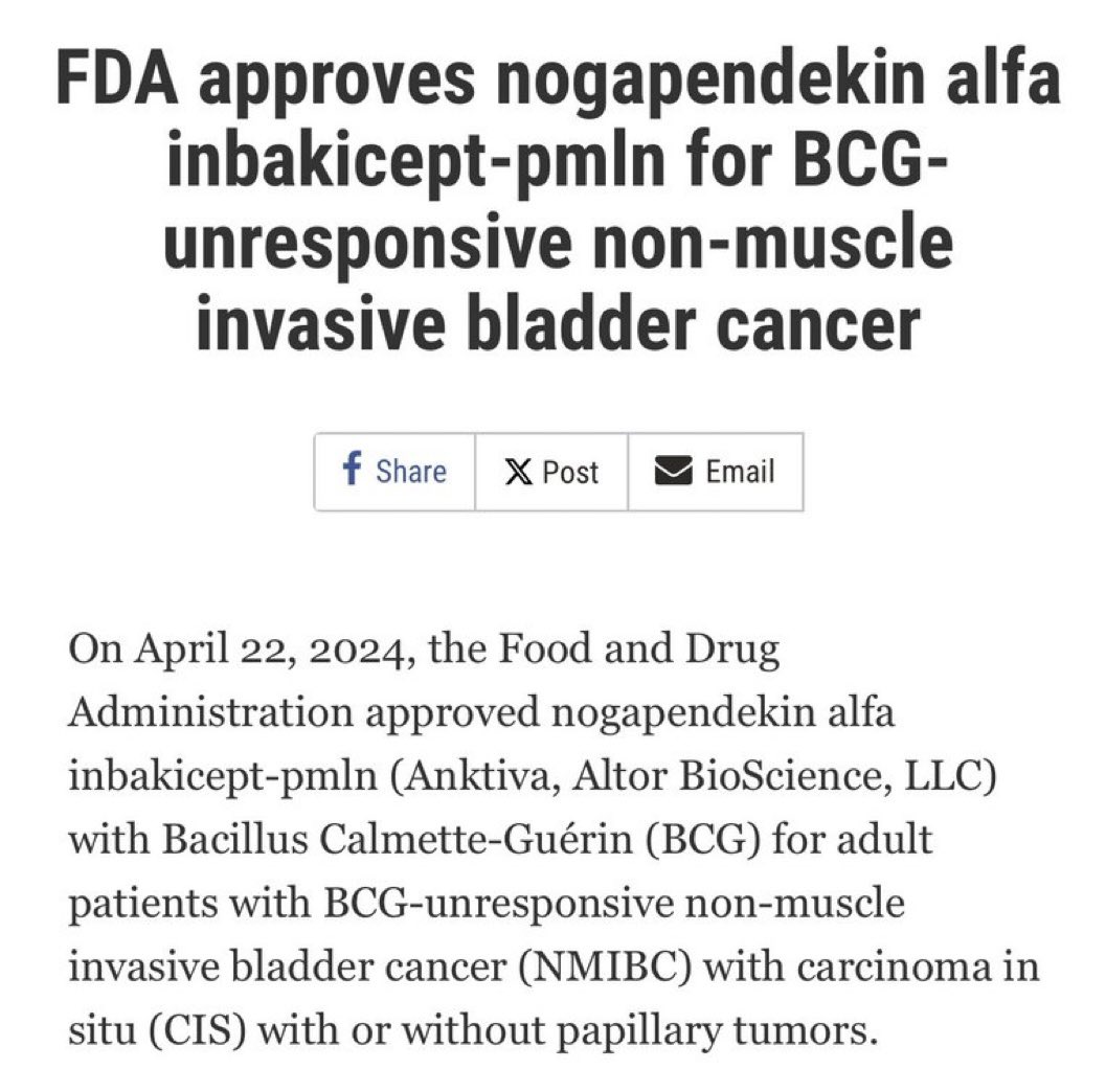 JUST IN: @US_FDA approves nogapendekin alfa inbakicept-pmln with (BCG) for BCG-unresponsive non-muscle invasive bladder cancer with carcinoma in situ. Data based on QUILT-3.032 (NCT0302285). Full details here: fda.gov/drugs/resource…