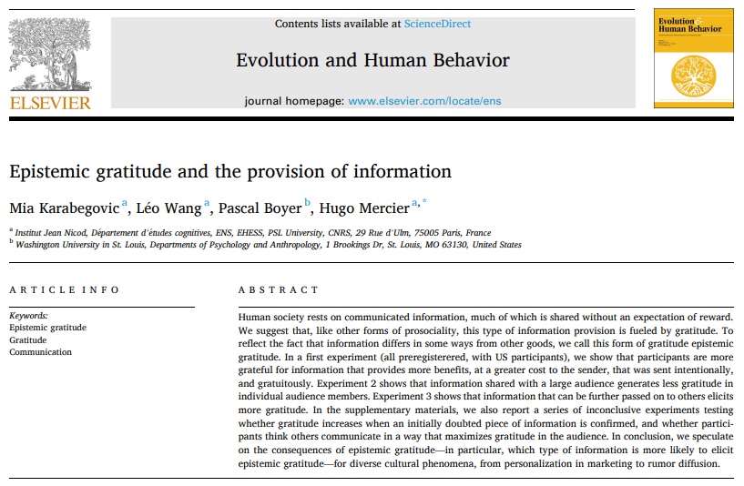 🦉New paper in press at @EvolHumBehav on the factors that affect feelings of gratitude when it comes to the provision of information. With Léo Wang, @PascalBoyerUSA & @hugoreasoning sciencedirect.com/science/articl…