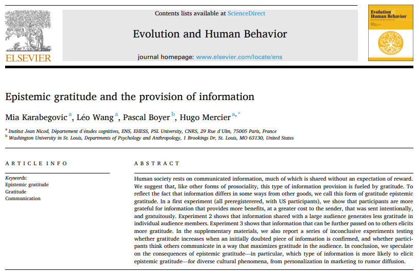 m_karabeg's tweet photo. 🦉New paper in press at @EvolHumBehav on the factors that affect feelings of gratitude when it comes to the provision of information. With Léo Wang, @PascalBoyerUSA &amp; @hugoreasoning 

https://t.co/8dgHkO0ht7 https://t.co/ejlB2PPu7x