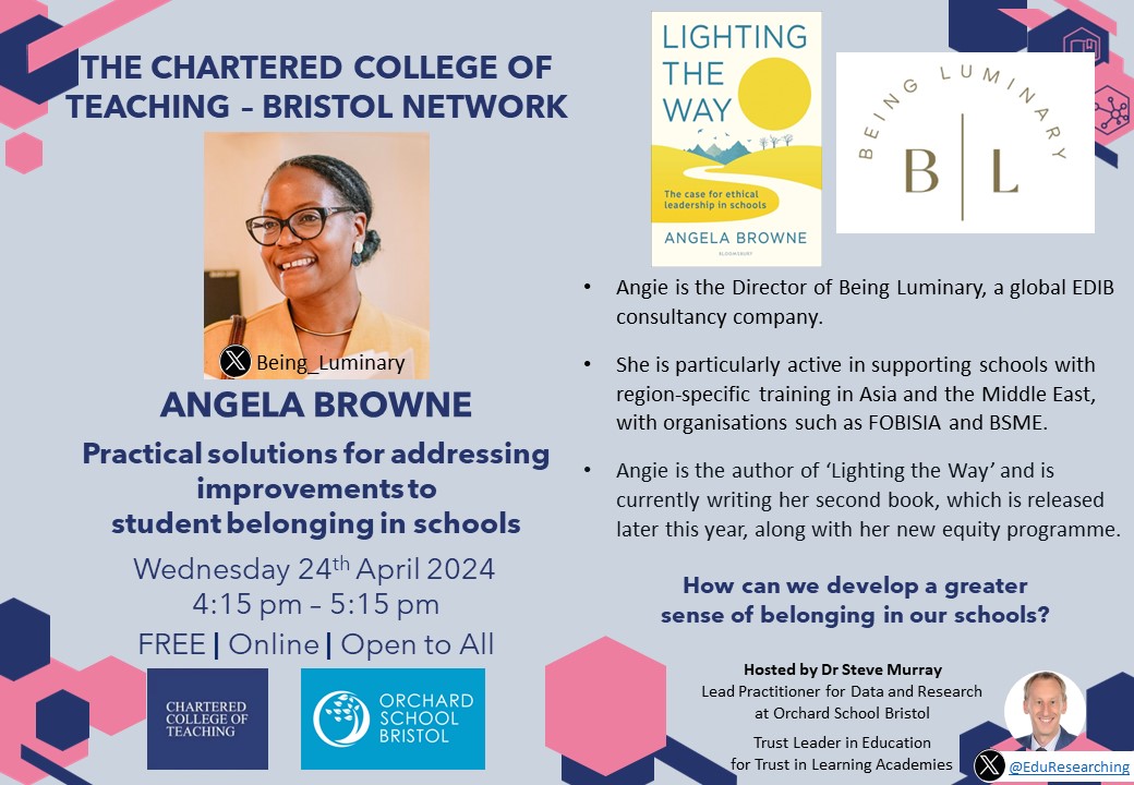 PLEASE RT: Tomorrow! Angie Browne @Being_Luminary - 'Practical solutions for addressing improvements to student belonging in schools' Free @CharteredColl webinar, open to all! Weds 24th April, 4:15pm Sign up here: tickettailor.com/events/charter… #belonging #edutwitter #attendance