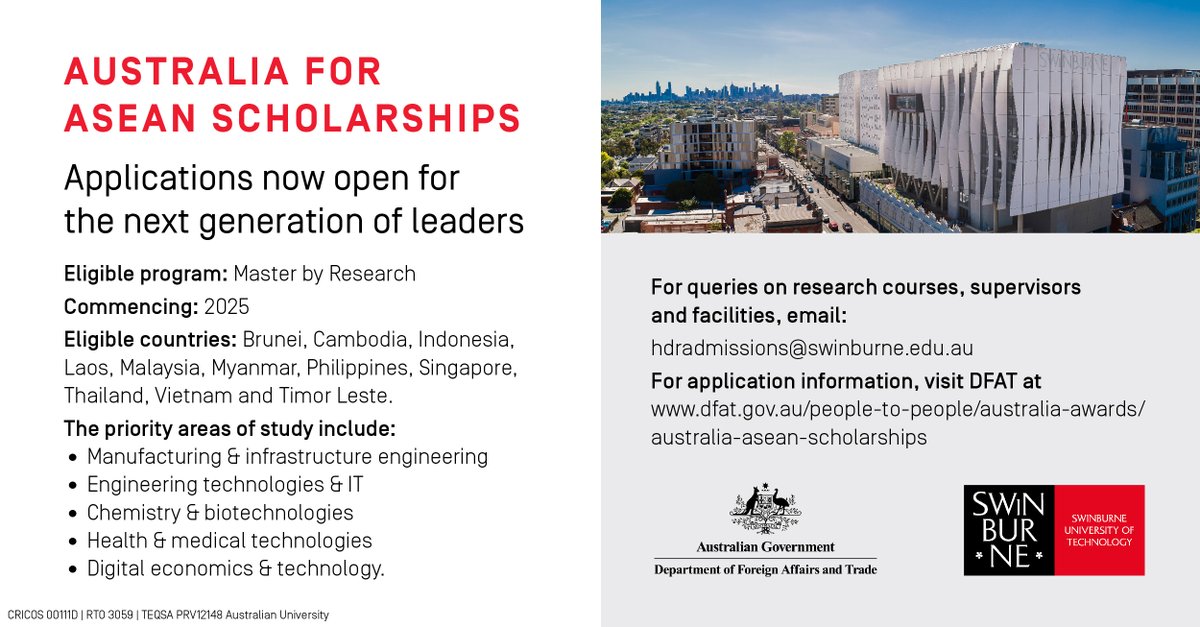 Don’t miss this opportunity to study in Australia in fields contributing to ASEAN’s peace, prosperity and social development. Applications for Australia for ASEAN Scholarships are closing soon. To learn more or apply today visit ➡️ swi.nu/p9ryv