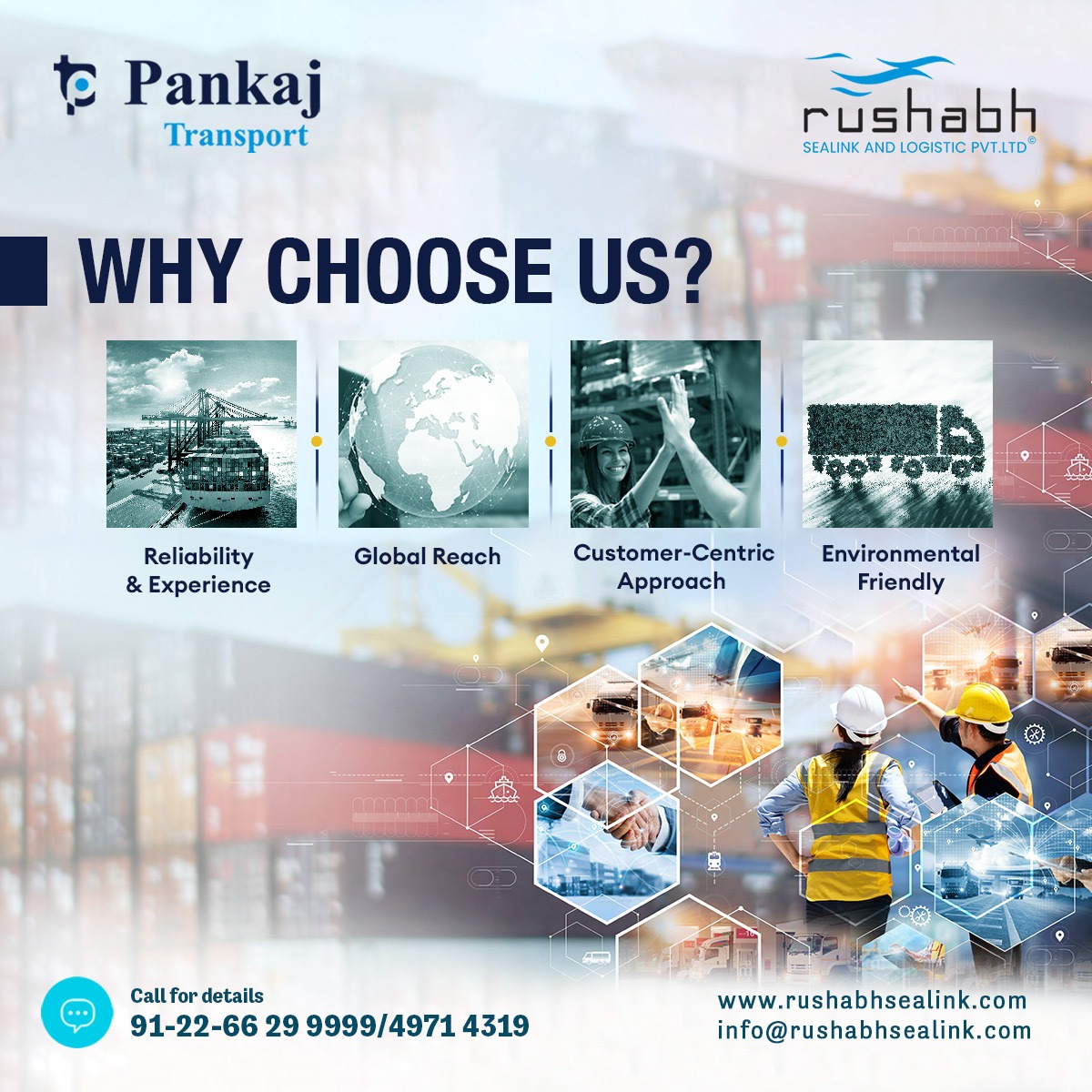 #RushabhSealink & #Logistics Pvt Ltd - Your Global #Cargo #DeliveryPartner🌍! With a commitment to customer satisfaction, reliability, and decades of industry experience🚚

📲 +91-22-6629 9999 / 4971 4319
🌐rushabhsealink.com

#freightforwarding #seafreight #oceanfreight
