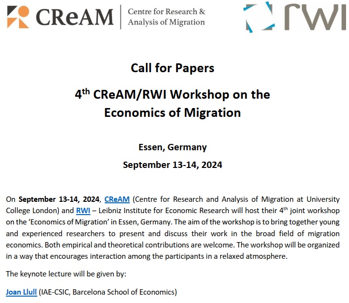 📢Call for Papers: Join us for the 4th #migration #economics workshop of @CReAM_Research & @RWI_Leibniz_en 🗓️Sept 13 & 14, 2024 in Essen 🇩🇪 Keynote by @JoanLlull_econ Call for papers 👉 bit.ly/4aPbMpm Submission deadline: June 1 #EconTwitter