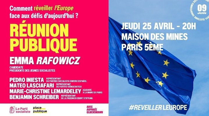 Comment réveiller 🇪🇺 L'Europe face aux défis d'aujourd'hui ? Réunion publique ouverte à tous : 📍Maisons des Mines, rue Saint-Jacques, Paris 5. 📆 25 avril 🕘 20h Avec une candidate de la liste #ReveillerLEurope portée par @rglucks1 : @EmmaRafowicz et un panel européen.