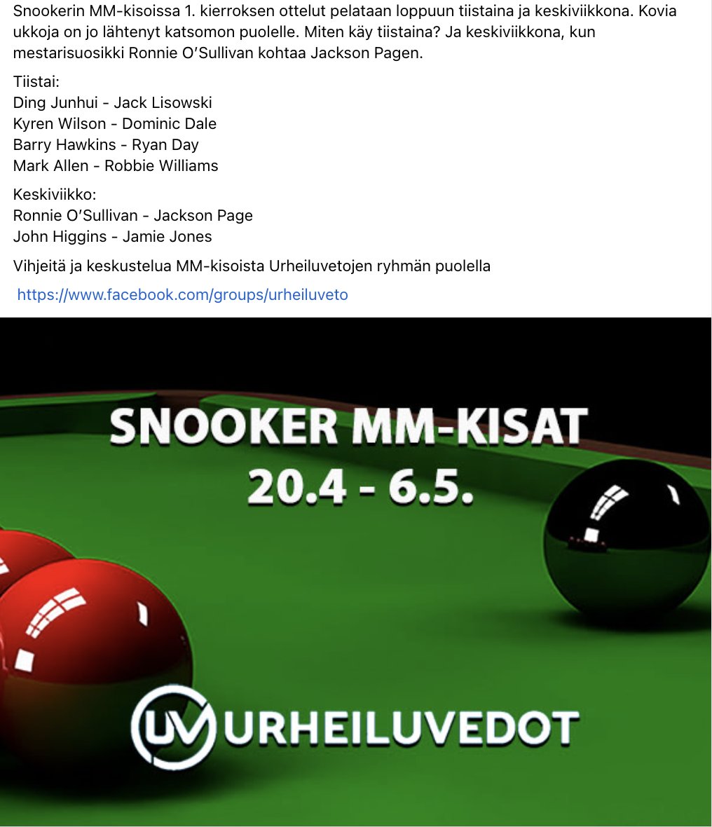 Vihjeitä ja keskustelua MM-kisoista Urheiluvetojen ryhmän puolella   

facebook.com/groups/urheilu… 

#snooker #MMkisat #vedonlyönti #betsit