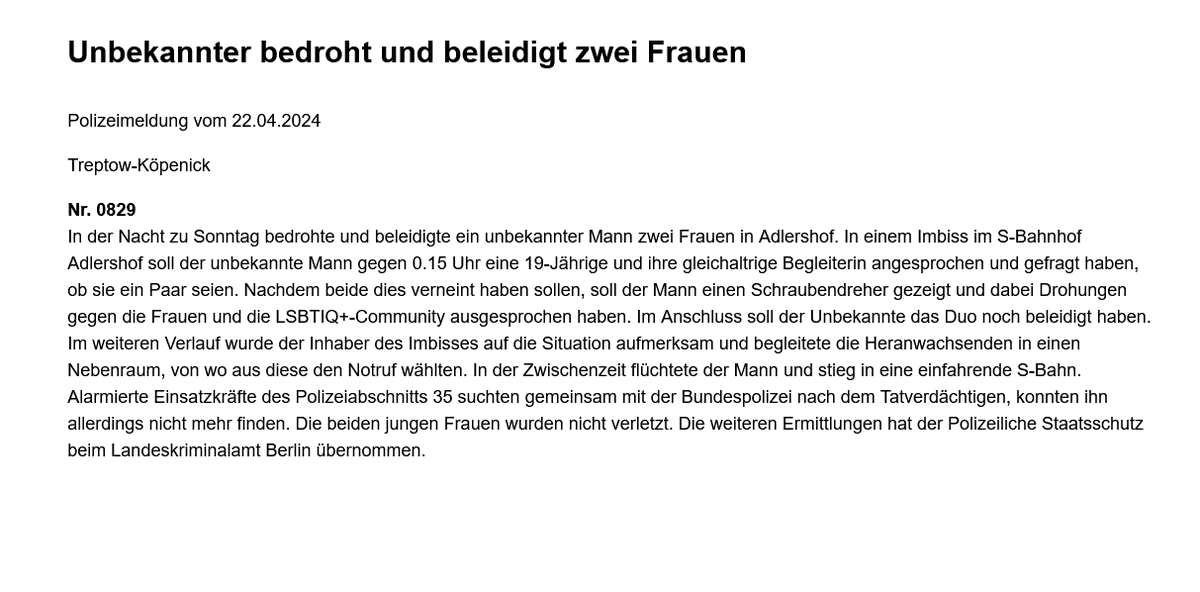 bildwerkrostock's tweet photo. #b2004
queerfeindliche Bedrohung unter Vorhaltung eines waffenähnlichen Gegenstandes in Adlershof https://t.co/VDReMmHPtn