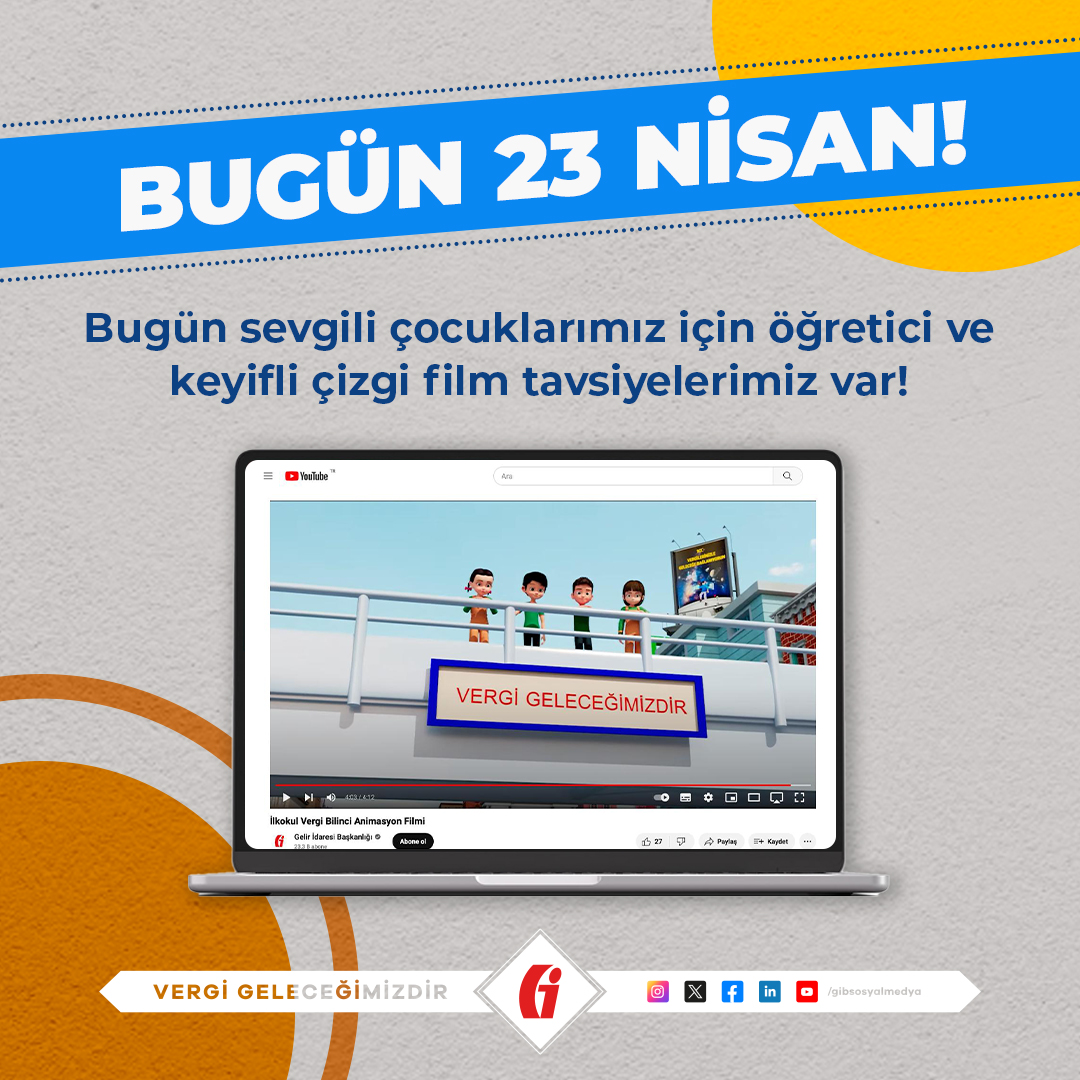 Bugün 23 Nisan 🎉 Bugün çocuklarımız için hem keyifli hem de öğretici çizgi film tavsiyelerimiz var😉 İlkokul Vergi Bilinci Animasyon Filmi: youtube.com/watch?v=DNe255… Ortaokul Vergi Bilinci Animasyon Filmi: youtube.com/watch?v=sGusiA… #23Nisan #UlusalEgemenlikveÇocukBayramı