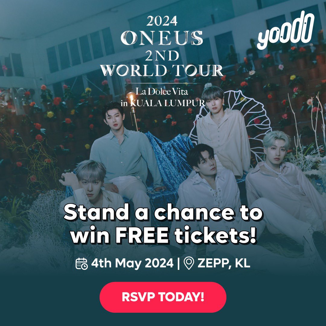 yoodoMY's tweet photo. ATTENTION TO ALL YOODOERS!!! Grab your FREE tickets to catch @official_ONEUS 2ND WORLD TOUR live in Kuala Lumpur for the first time ever! 

Are you ready?! Check your email now! 📧

#yoodoyou #yoodo #saranghaeyoodo 
#ONEUSinMY #ONEUSinKL #LaDolceVitainKL #LaDolceVitainMY https://t.co/RmGzzir5k6