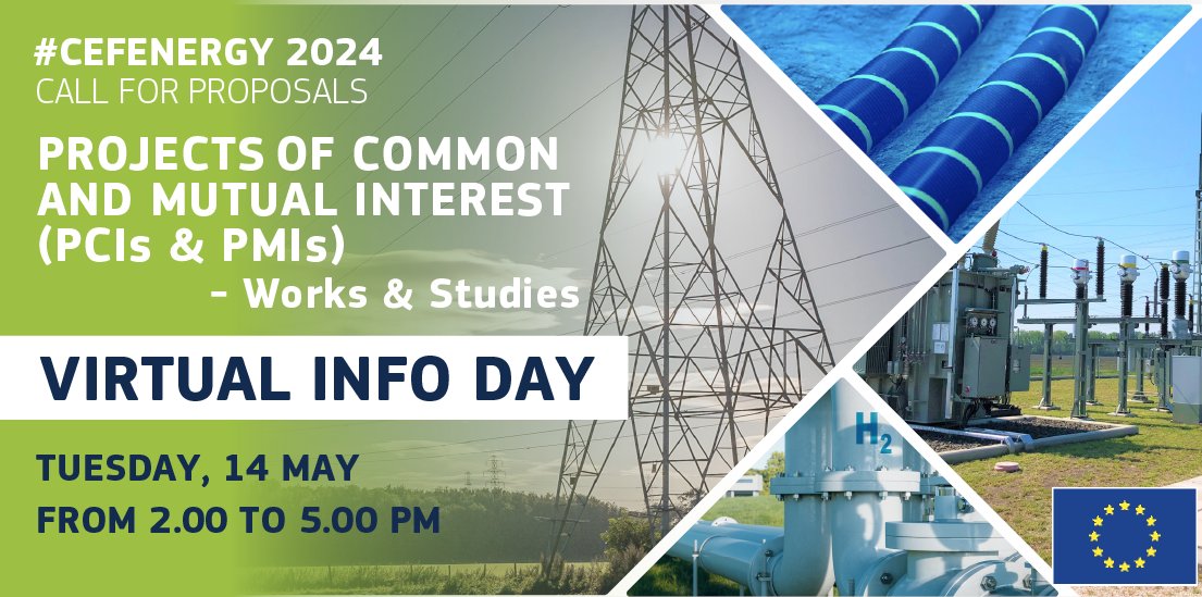 Registrations for the #CEFEnergy Info Day on the call for Works & Studies for #PCIs & #PMIs are open!

Join us:
📅 On 14 May, from 2 to 5pm 
💻 Online 
✍️ Learn about the call
❓ Ask any question

Register here by 8 May 👉 europa.eu/!qpF6kn

#REPowerEU #EUGreenDeal