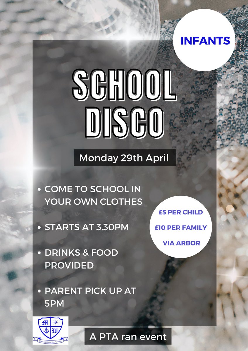 MuchWoolton_PTA's tweet photo. Our school discos are taking place next week on Monday and Tuesday, straight from school. Make sure you get your tickets via Arbor 🪩 https://t.co/kOADBXCgyy