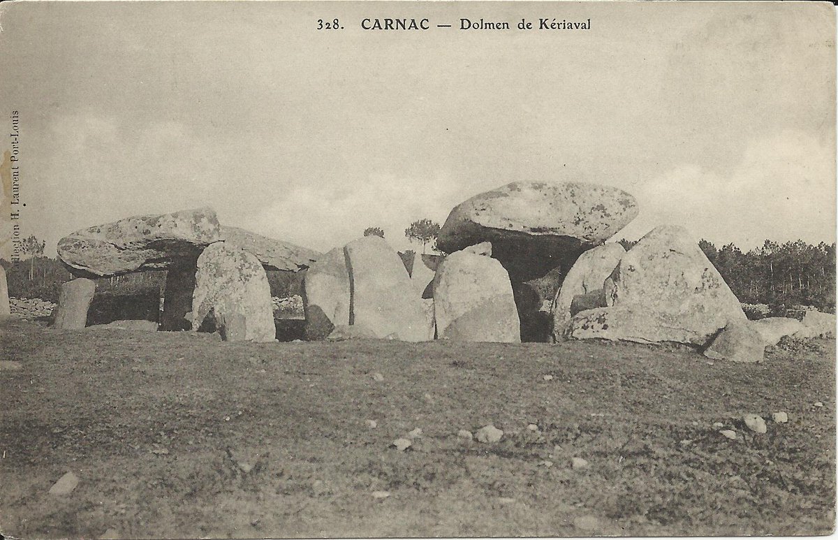 At first glance the dolmen of Keriaval in Carnac (Morbihan) could be taken for a jumble of rocks but it is the substantial but damaged remains of a transepted passage grave with two chambers on either side and a terminal cell. Card by Laurent by c. 1905. #TombTuesday.