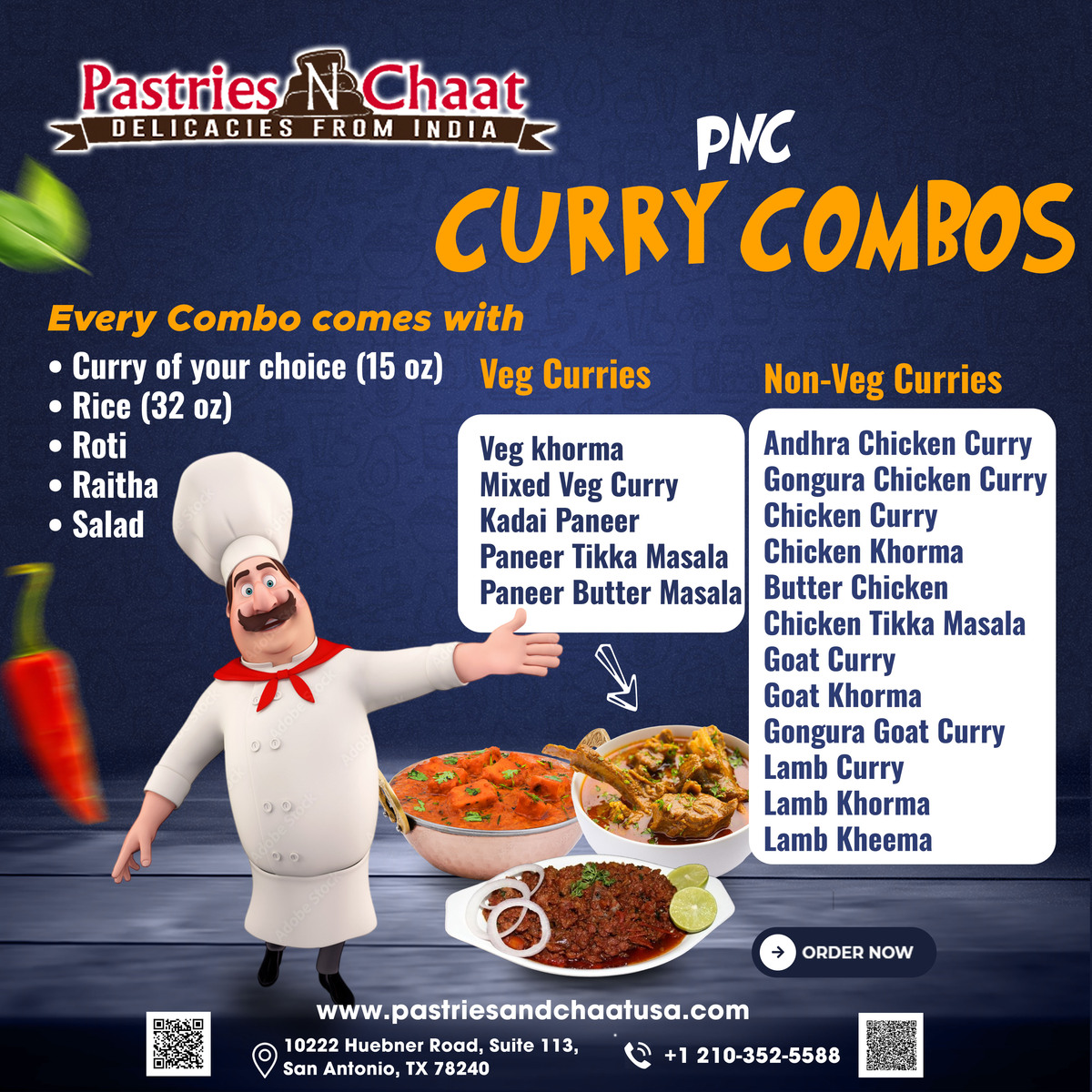 🍛🥖 Introducing PNC Curry Combos! 🥗🍚

Indulge in our delicious Curry Combos, crafted just for you!

Experience a burst of flavors with every bite!

📍 10222 Huebner Road, Suite 113, San Antonio, TX 78240

#CurryCombos #IndianCuisine #FoodCombo #CurryLovers
