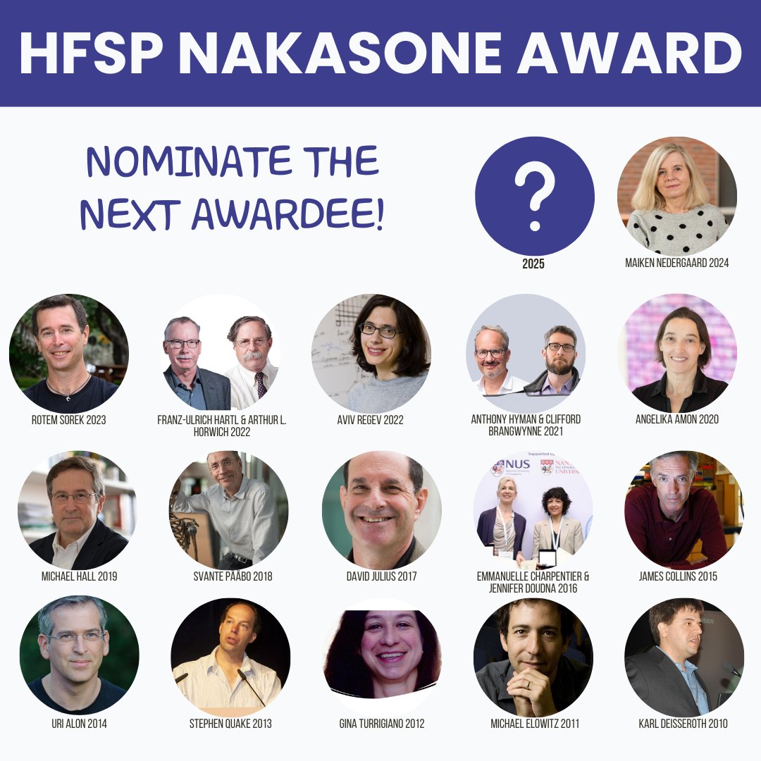 14 years = 19 brilliant scientists! 🤩 The #HFSPNakasoneAward honors extraordinary discoveries, top scientific careers, and inspiring advances in basic life sciences!🏆Who's going to be the next laureate? 🤔Get to know them and nominate the next one! bit.ly/3QpZpIQ