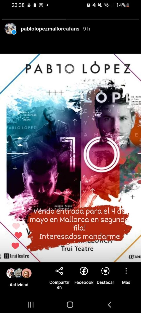Pablolopezpmicf's tweet photo. Vendo 1 entrada para el concierto de Pablo lopez el 4 de mayo en palma en el trui teatre. Es en segunda fila!! https://t.co/jMJ3D6rbfq
