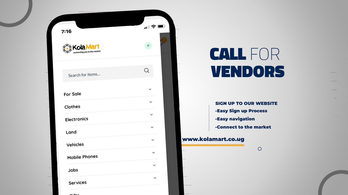 Call for Vendors ! 
Sign up to kolamart.co.ug and start selling online for free !
#kolamart #marketplace