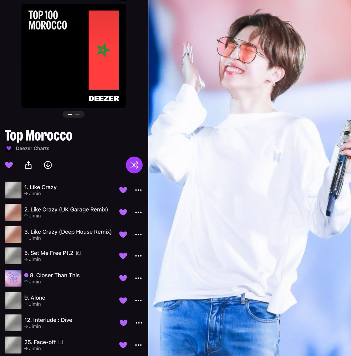 'Like Crazy' Remain at #1 on Deezer Top 100 Morocco 🇲🇦.

8 of Jimin’s songs occupy the Top 25 😱🔥🥳

GOOD JOB TEAM MOROCCO ON FIRE 🤩🔥🫰