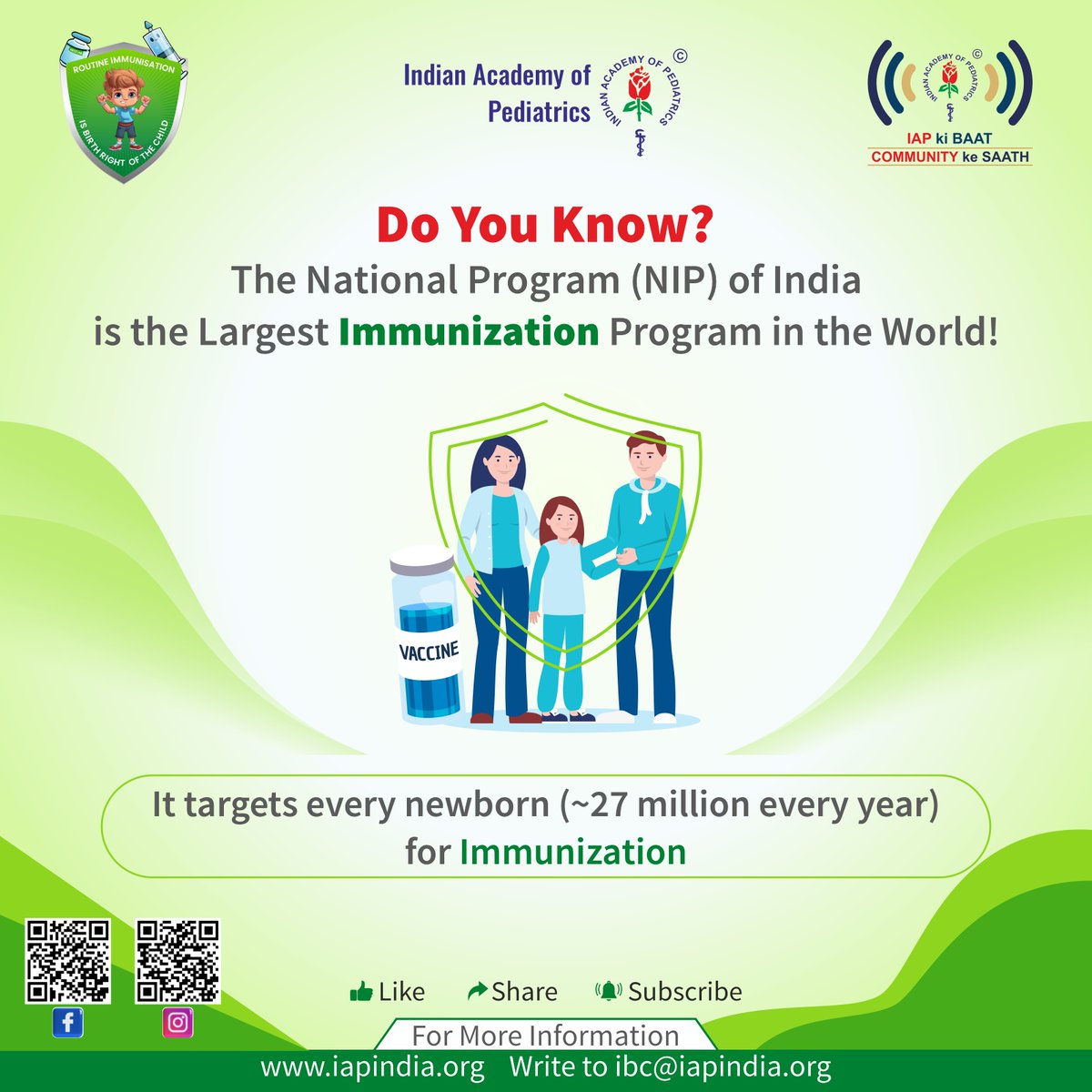 Did you know? 🤔 💉 The National #Immunization Program (NIP) in India is the largest in the world, protecting millions of lives through #vaccination efforts. Stay informed, stay healthy! 💚 #iapkibaat #IAP #indianacademyofpediatrics #pediatricians #childcare