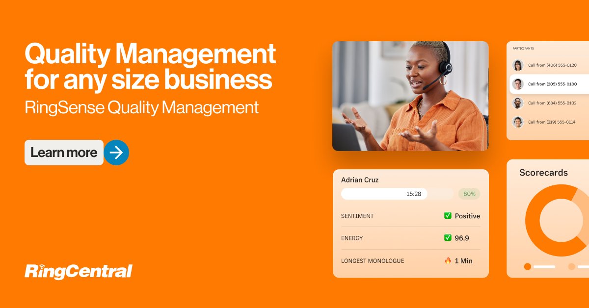 RingCentralUK's tweet photo. Tired of relying on chance encounters to evaluate agent performance?

Our AI Quality Management solution provides a complete view of agent interactions, helping you identify coaching opportunities and ensure customer satisfaction. Learn more: https://t.co/2QNPYf1MIf https://t.co/hMaxg75TXa
