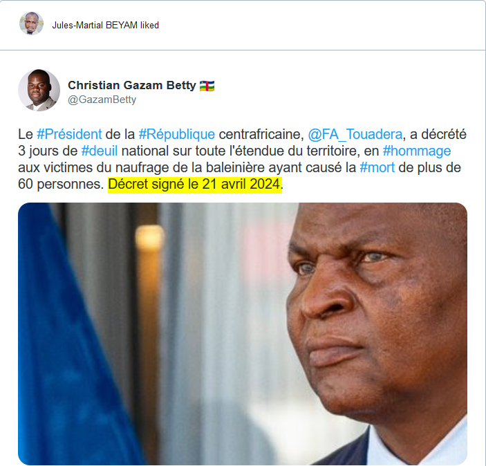 ysereckissy's tweet photo. Dans un pays normalement constitué, avec un leader compétent et aimant son Peuple, ce décret aurait été signé le jour même du naufrage et observé dès le lendemain. En Centrafrique, il aura fallu que des voix s'élèvent pour que par hypocrisie le leadership signe un décret. Comptez vous-même les jours écoulés entre le naufrage et cet acte purement hypocrite et dites-nous pourquoi en est-il ainsi en Centrafrique et nulle part ailleurs ! En outre, nous aimerions qu’une enquête soit ouverte, et que la responsabilité de l’Etat soit dégagée. Eh oui, l’Etat est en partie responsable de ce drame car garant de la sécurité intérieure et du Peuple.