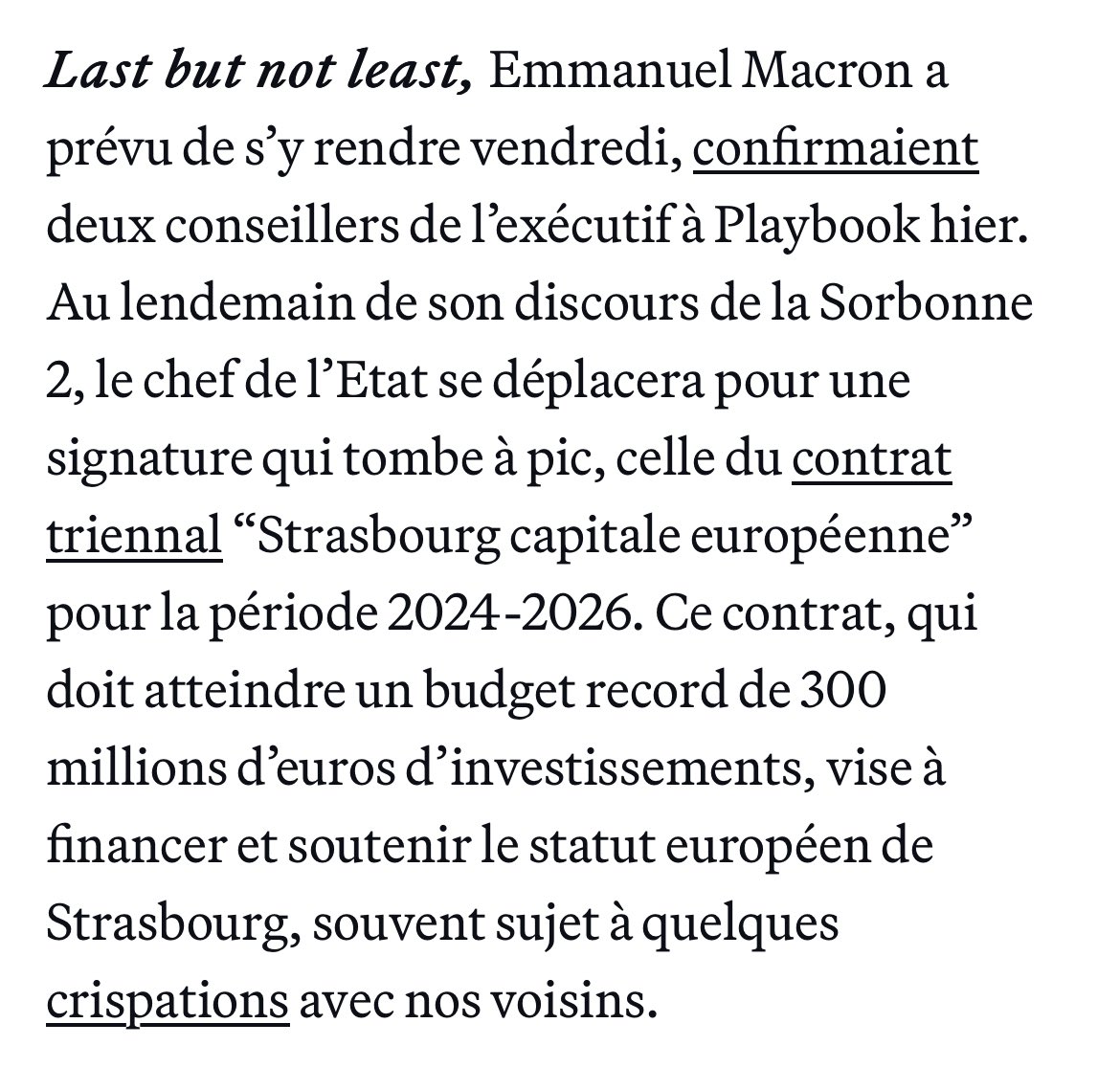 Emmanuel Macron sera à Strasbourg vendredi, ont appris @EddyWax et @AnthLattier 👀 voici pourquoi (pour l’abo gratuit à notre infolettre quotidienne c’est ici politico.eu/playbook-paris)