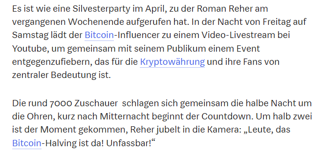 blocktrainer's tweet photo. Dass mehr als 7.000 (zu Spitzenzeiten waren es sogar ~9.000) nachtaktive #Bitcoiner sich den #HalvingStream von @RomanReher nicht entgehen lassen wollten, hat es sogar in die @wiwo geschafft 🔥
"Unfassbar!" 😉
h/t @philipp_frohn https://t.co/LVUnbhAkpT