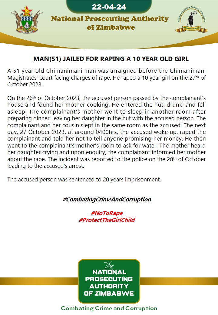 Man (51) jailed for raping a 10 year old girl
#CombatingCrimeAndCorruption 
#StopRape 
#ProtectTheGirlchild 
@childlinezim @LRFZimbabwe @MwanasikanaW