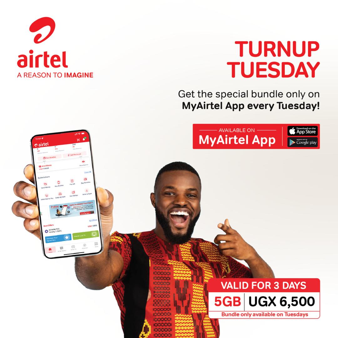 Tap 👇 airtelafrica.onelink.me/cGyr/agi4qeu2 use #MyAirtelApp to get a special #TurnUpTuesday Bundle 5GB valid for three days at just UGX 6500 and stay updated.