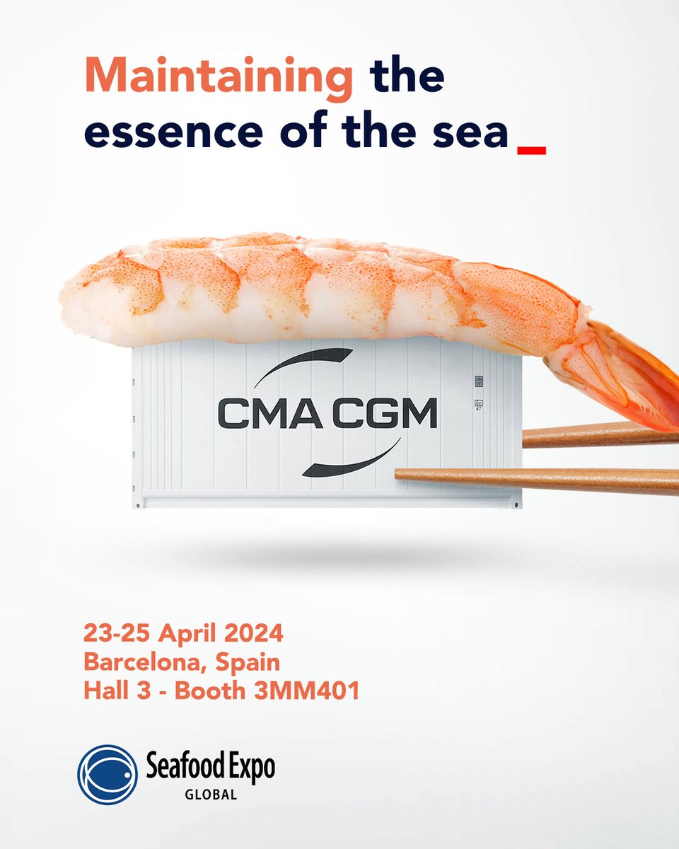 🌊 Dive into @SeafoodExpo_GL with us in Barcelona, Apr 23-25! Discover our top-tier cold chain solutions at Booth 3MM401, Hall 3. Don’t miss out! ❄️ #CMACGM #seafoodexpo