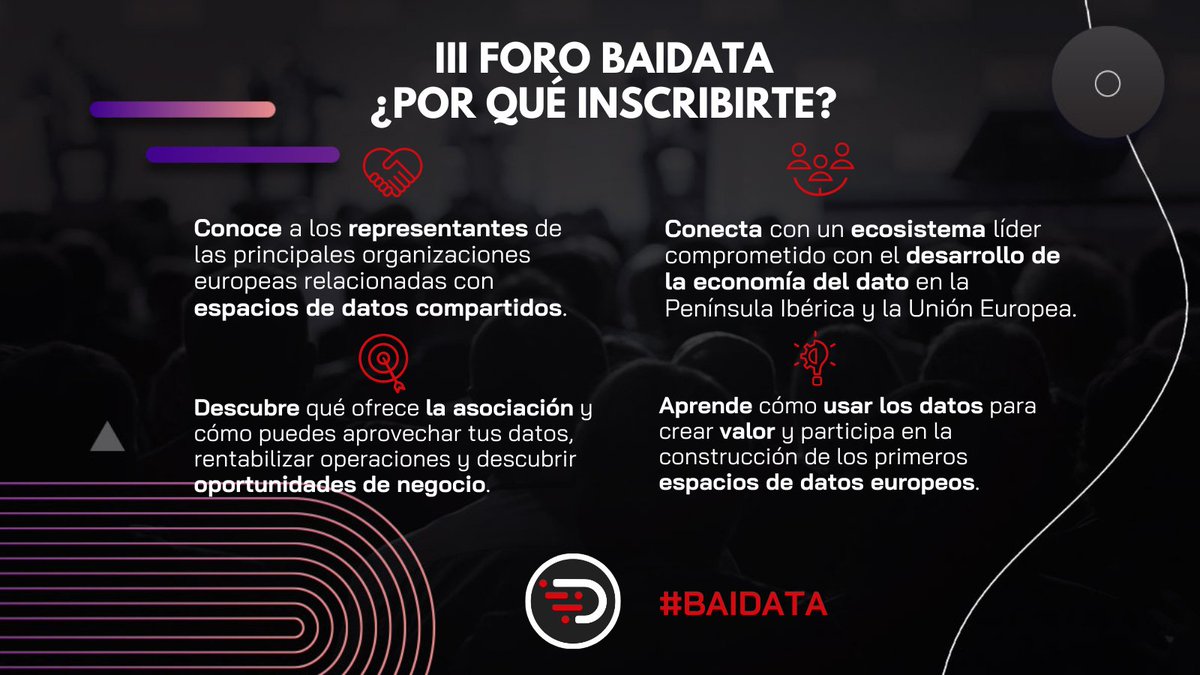 baidata_idsa's tweet photo. ¿Estás interesado en el 𝗜𝗜𝗜 #FOROBAIDATA?

Aquí te dejamos algunas razones por las que apuntarte a este evento sobre la 𝗲𝗰𝗼𝗻𝗼𝗺𝗶́𝗮 𝗱𝗲𝗹 𝗱𝗮𝘁𝗼👇🏼 

Regístrate gratis: https://t.co/eheiGs1Q3j

🗓️𝟴 𝗱𝗲 𝗠𝗮𝘆𝗼
📍𝗕𝗶𝘇𝗸𝗮𝗶𝗮 𝗔𝗿𝗲𝘁𝗼𝗮 https://t.co/2S5nilTB9a