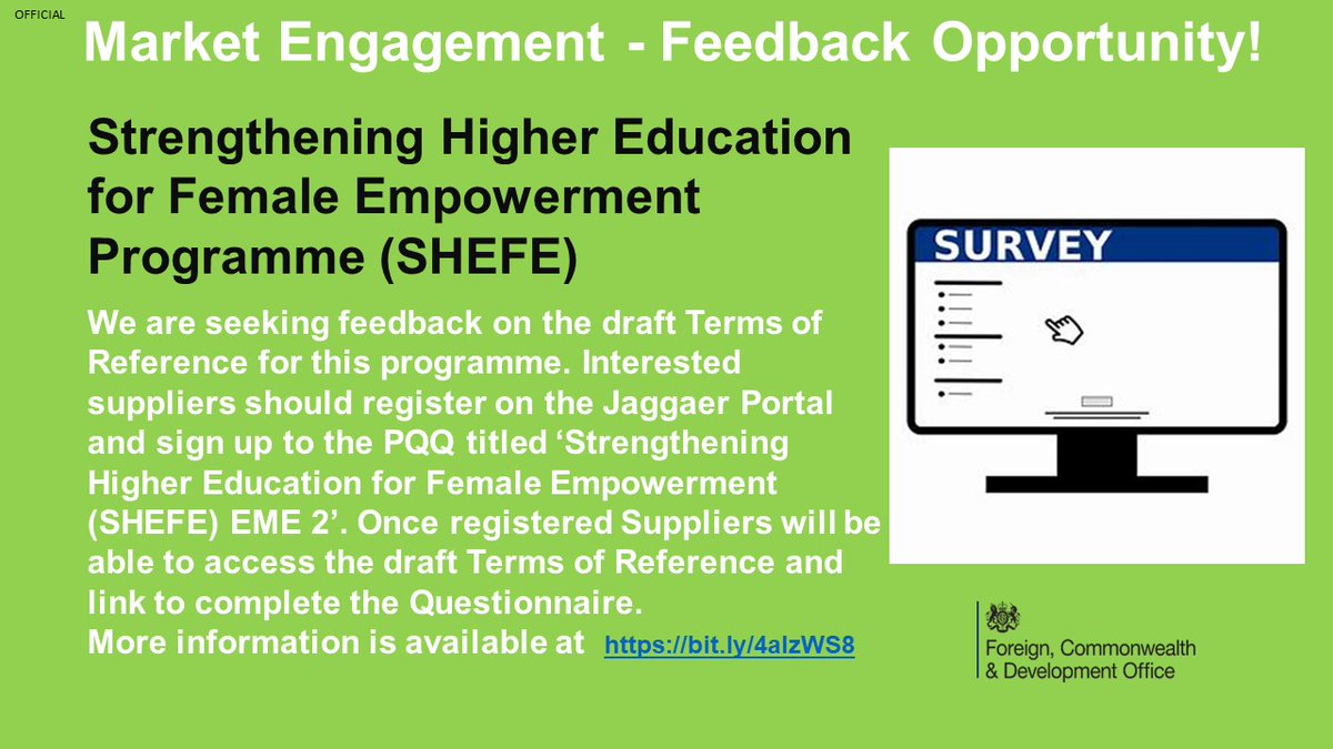 Market Feedback Request for ‘Strengthening Higher Education for Female Empowerment (SHEFE) programme. See slide below for more detail and bit.ly/4aIzWS8 for more information. #FCDOGovUK #UKAid