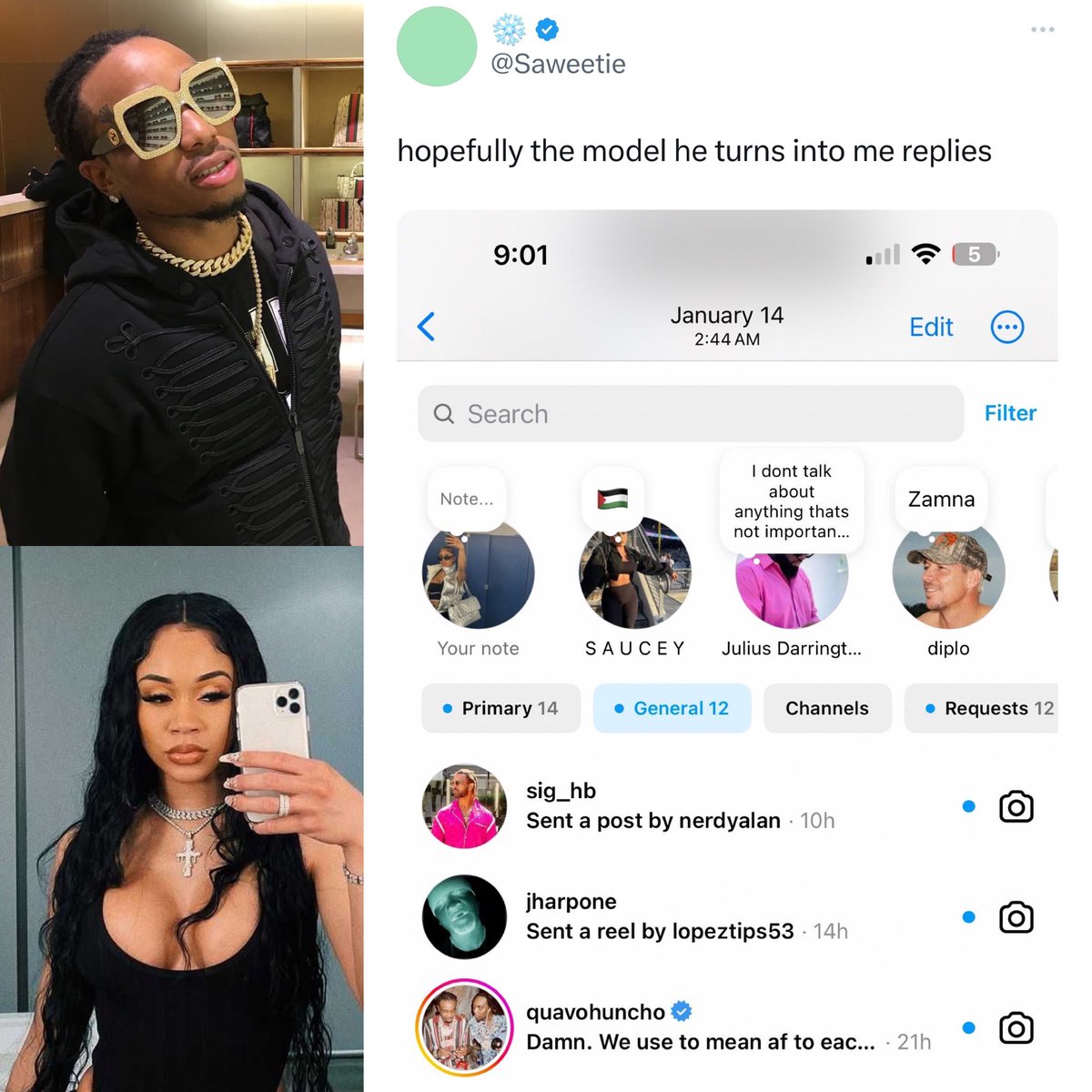 Saweetie responds to Quavo’s diss track to Chris Brown saying he can turn a model into her:

“Hopefully the model he turns into me replies”