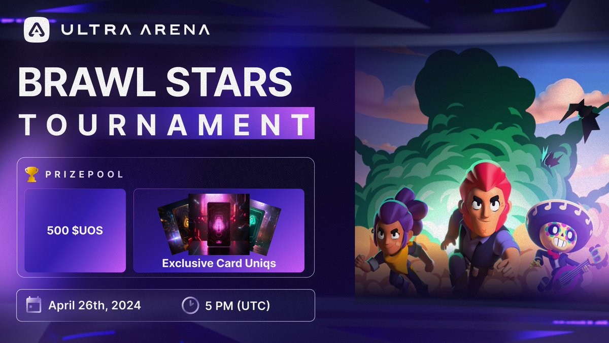 the #BrawlStars tournament is all set for this Friday! 🌟 32 players will go head-to-head for $UOS and collectible prizes. GL HF 💜