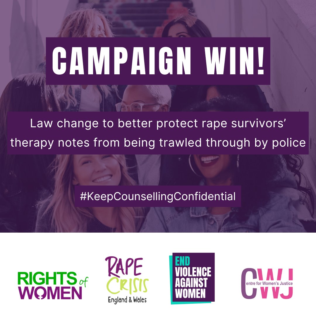 🚨 CAMPAIGN WIN 🚨 After years of campaigning with our sisters @RapeCrisisEandW, @centreWJ and @rightsofwomen, we're thrilled that the government is changing the law to help #KeepCounsellingConfidential and better protect rape survivors' right to privacy! 🧵