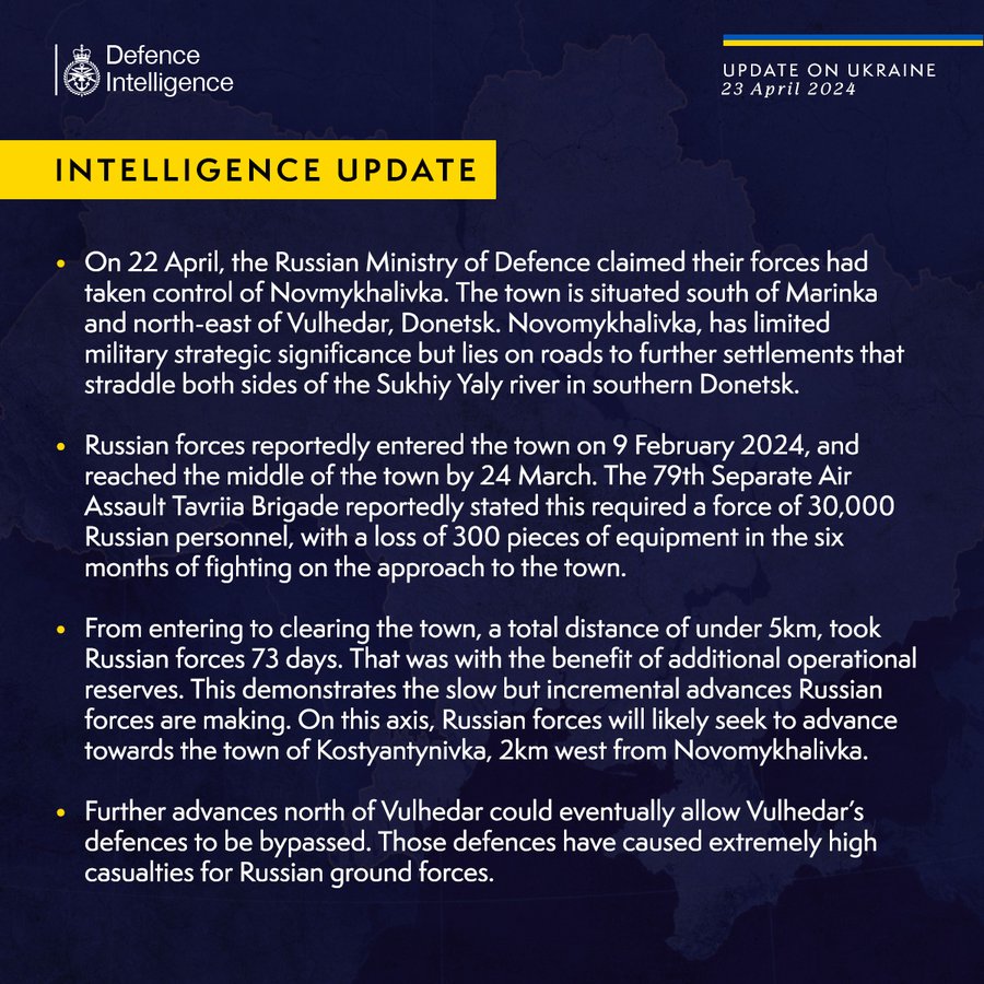 On 22 April, the Russian Ministry of Defence claimed their forces had taken control of Novmykhalivka. The town is situated south of Marinka and north-east of Vulhedar, Donetsk. Novomykhalivka, has limited military strategic significance but lies on roads to further settlements that straddle both sides of the Sukhiy Yaly river in southern Donetsk. Russian forces reportedly entered the town on 9 February 2024, and reached the middle of the town by 24 March. The 79th Separate Air Assault Tavriia Brigade reportedly stated this required a force of 30,000 Russian personnel, with a loss of 300 pieces of equipment in the six months of fighting on the approach to the town. From entering to clearing the town, a total distance of under 5km, took Russian forces 73 days. That was with the benefit of additional operational reserves. This demonstrates the slow but incremental advances Russian forces are making...