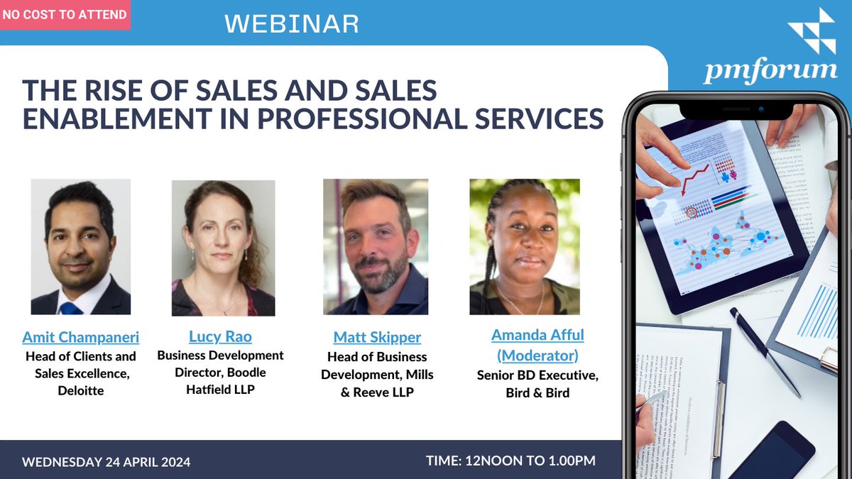 Delighted to be speaking as a panellist in a @PMFGlobal #Webinar on 'The Rise of #Sales and #SalesEnablement in #ProfessionalServices' on Wed 24 April, 12pm-1pm. We will discuss Sales best practice, top tips & how to create a #SalesCulture! Register here> pmforum.co.uk/events/the-ris…