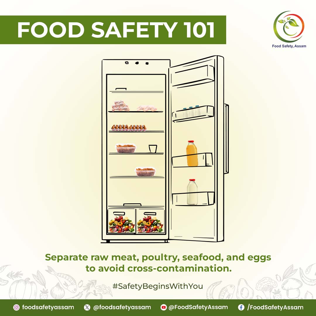 Keep it clean, keep it separate! ✨ 

Avoid cross-contamination by always separating raw meat, poultry, seafood, and eggs from other foods in your kitchen. 🍽️

#FoodSafetyAssam #FoodAwareness #FSSAI 

@fssaiindia