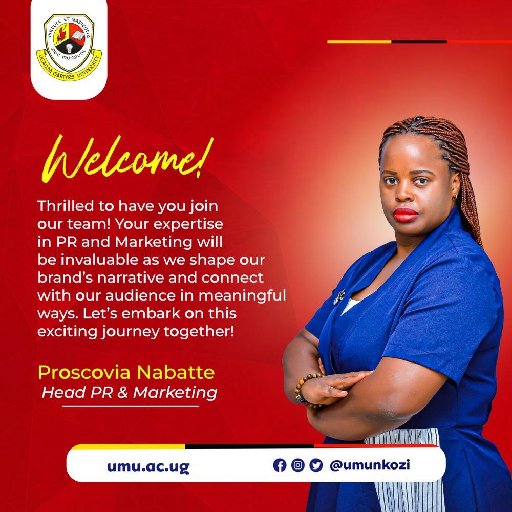 WELCOME!! Join us in welcoming our new Head of PR and Marketing, Ms Proscovia Nabatte!! 🎉🎉🎉 #UMUNkozi