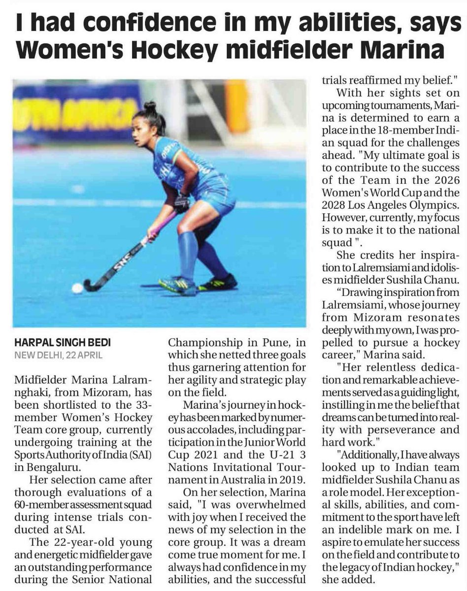 From Mizoram to the National set-up: Marina Lalramnghaki's journey embodies perseverance and passion in pursuit of hockey excellence.

#HockeyIndia #IndiaKaGame #IndianWomensTeam
.
.
.
.
@CMO_Odisha @sports_odisha @IndiaSports @Media_SAI @Limca_Official @CocaCola_Ind